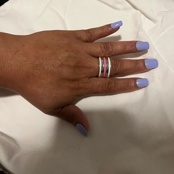 Lia Sophia SilverTone Pink & White Stripe Enamel Band Statement Ring Size 10 - Picture 1 of 4